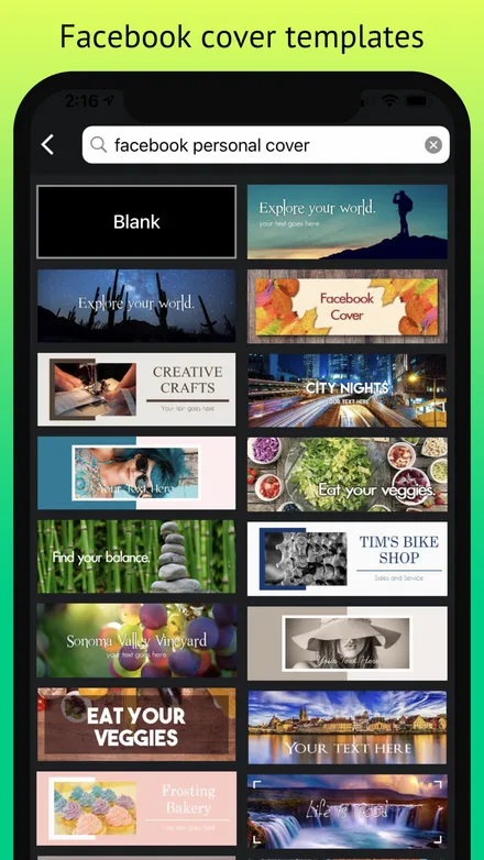 Facebook cover template gallery with a search for facebook personal cover, showing a blank canvas plus themed banner designs for travel, food and small businesses
